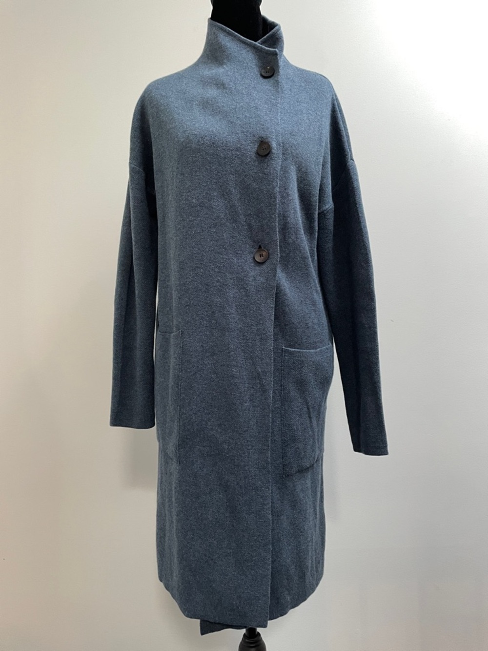 Poetry Minimalist Slate Blue Long Cardigan Coat in Organic Cotton (Fits M)